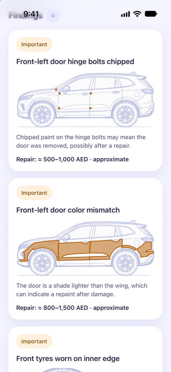 Every finding explained: CarCheckup screen