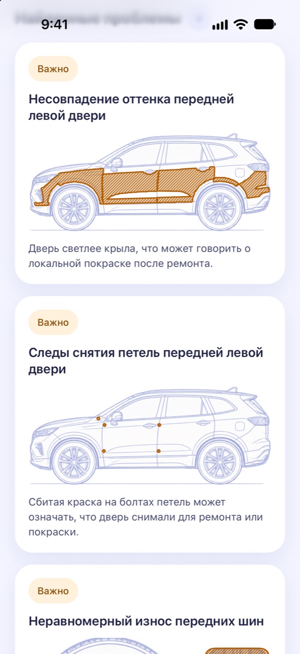 Каждая находка с пояснением: экран CarCheckup